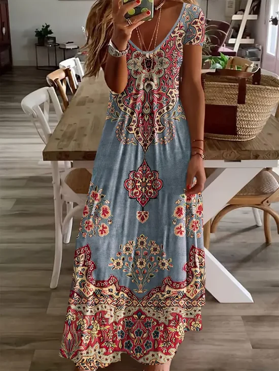 Women's Floral Print V-Neck Short Sleeve Casual Dress