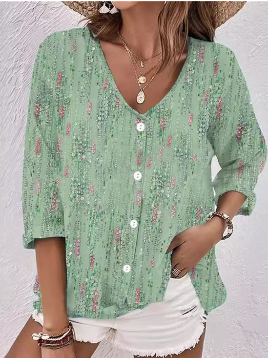 Women's Three Quarter Sleeve Blouse Spring/Fall Aqua Landscape Print Printing V Neck Daily Going Out Casual Top