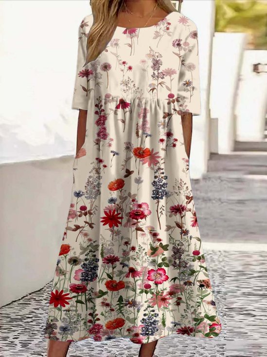 Casual Cotton Floral Crew Neck Dress With No