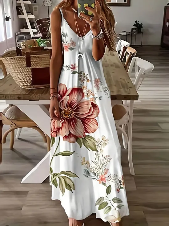 Women's Floral Print Casual V-Neck Suspender Dress
