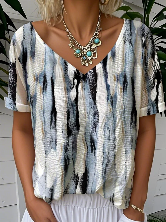 Striped Casual V Neck Loose T-Shirt