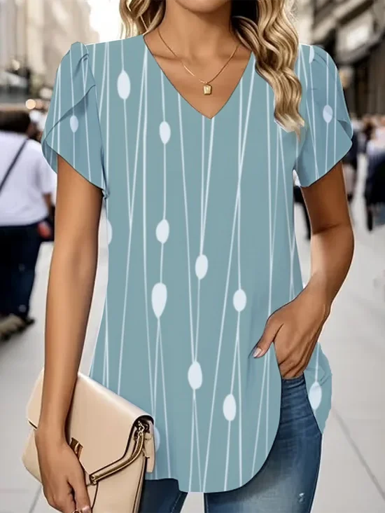 Women's Striped Print Casual V-Neck Short Sleeve T-Shirt