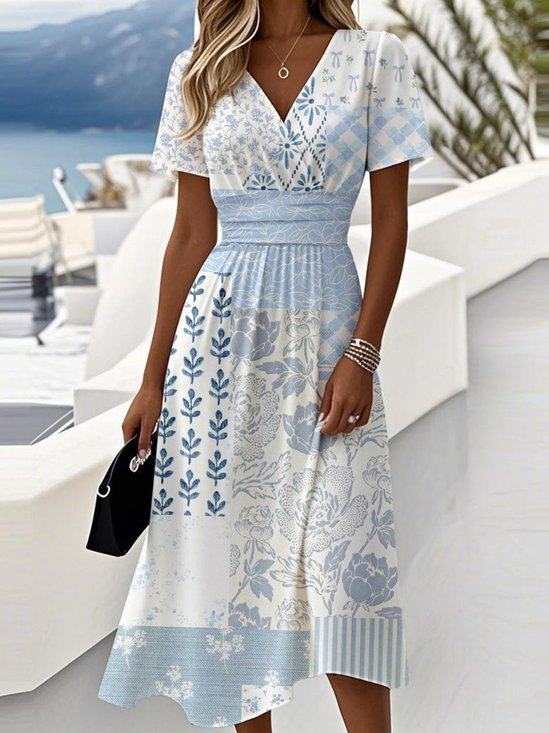 Regular Fit Striped V Neck Casual Dress With No