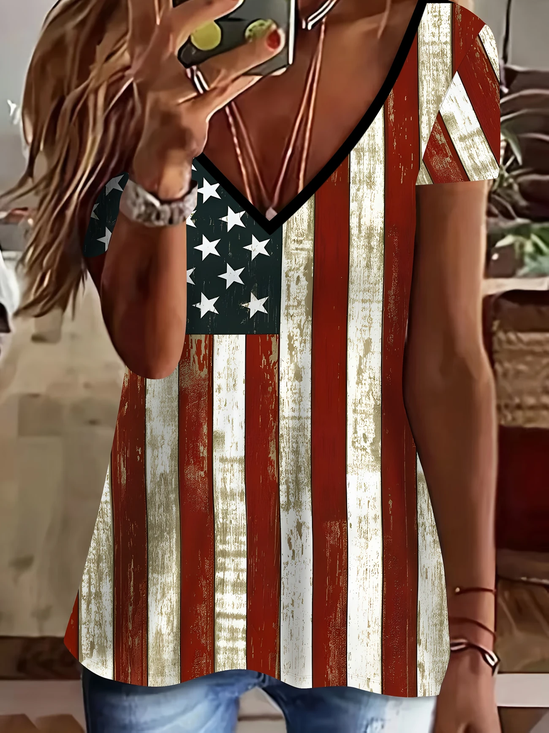Women's Independence Day Printed Casual V-Neck Short Sleeve T-Shirt