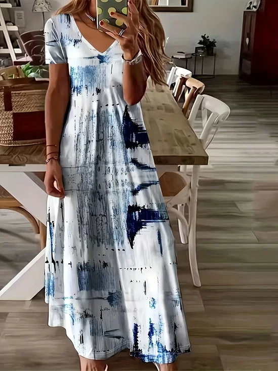 Women's Abstract Print Casual V-Neck Short Sleeve Dress