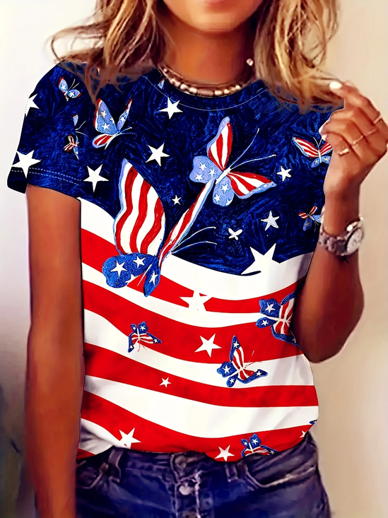 Women's Independence Day Butterfly Print Casual Round Neck Short Sleeve T-Shirt