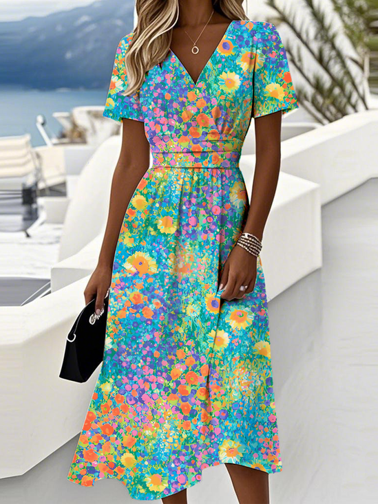 Casual Floral V Neck Regular Fit Dress