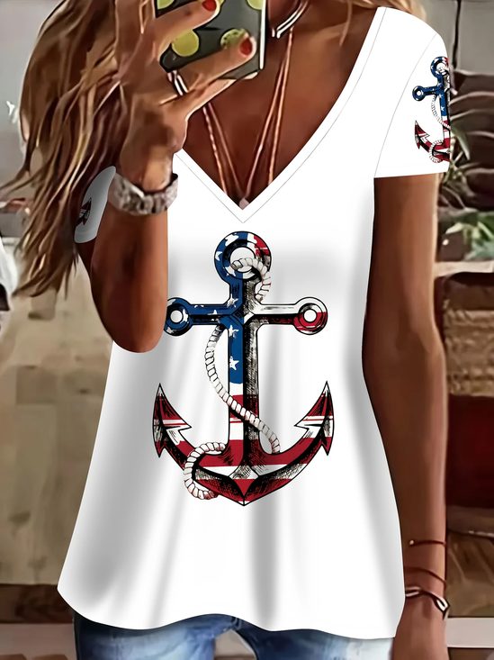 Women's Independence Day Anchor Print Casual V-Neck Short Sleeve T-Shirt