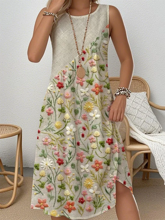 Casual Multicolor Block Crew Neck Loose Dress