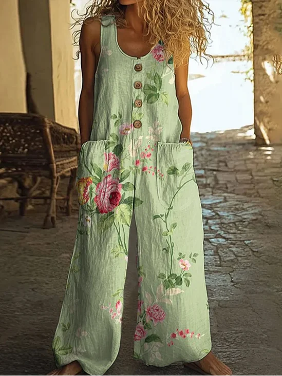 Women's H-Line Overall Crew Neck Daily Going Out Casual Printing Floral Summer Long Jumpsuit Romper