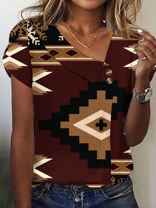 Women's Short Sleeve T-shirt Summer Color1 Geometric Buckle Asymmetrical Puff Sleeve Daily Going Out Vintage Top