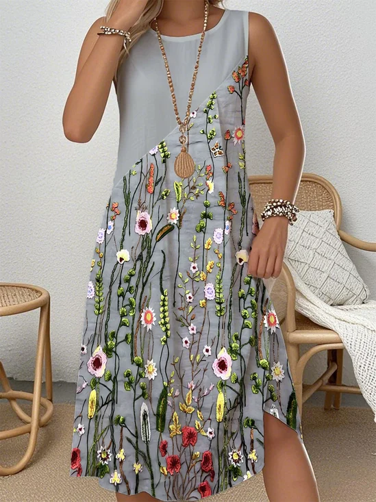 Loose Casual Floral Crew Neck Dress