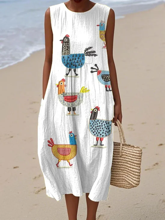 Casual Crew Neck Cotton Dress With No