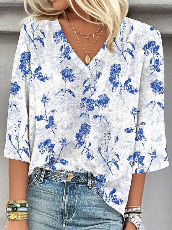 Loose Simple V Neck Floral Blouse