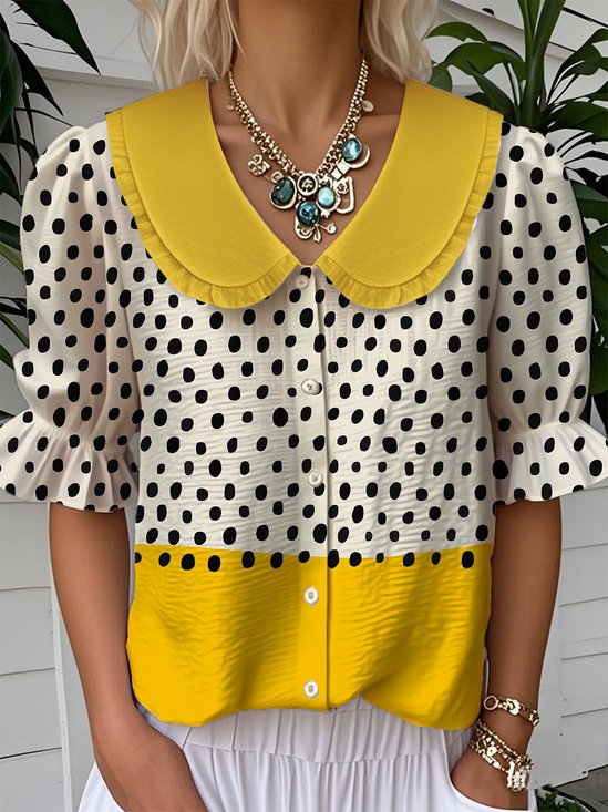 Casual Loose Shawl Collar Abstract Polka Dots Shirt