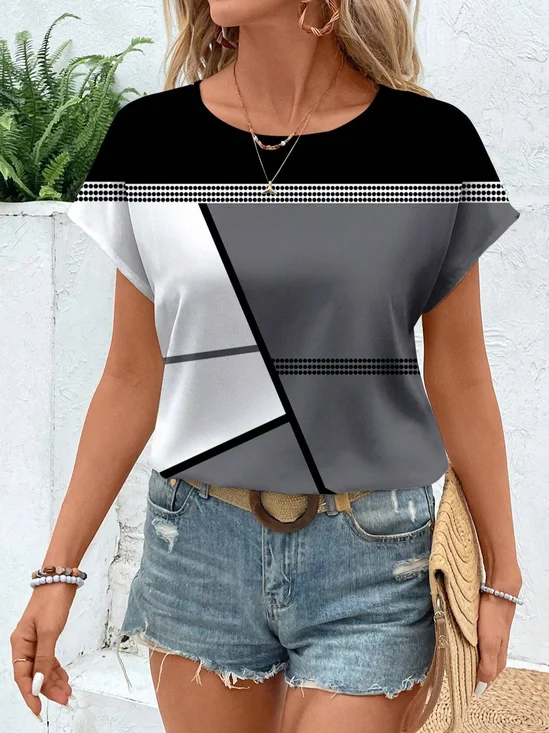 Women's Short Sleeve T-shirt Summer Blue Striped Printing Crew Neck Daily Going Out Casual Top