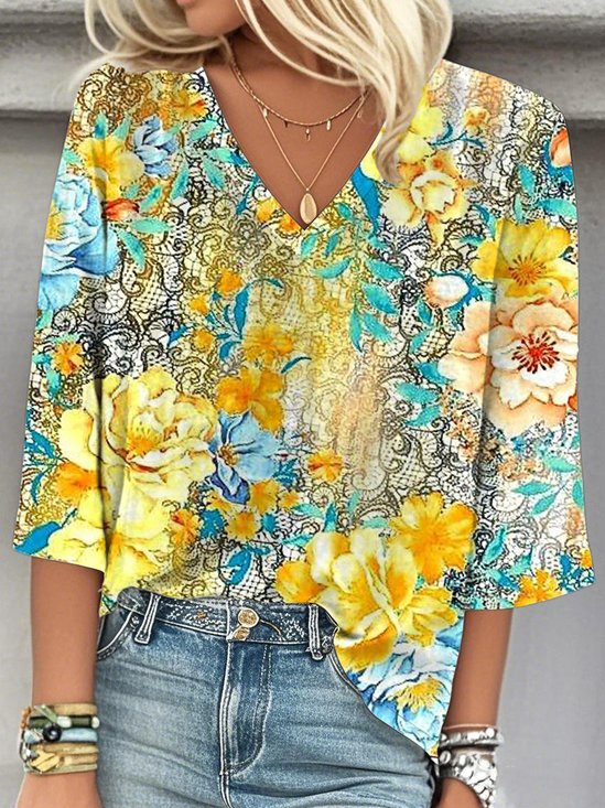 Gradient Pattern Loose V Neck Simple Blouse