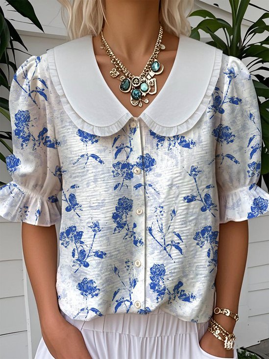 Floral Loose Simple Shawl Collar Shirt