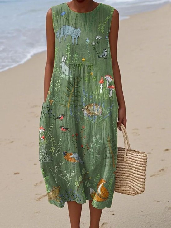 Vacation Cotton Crew Neck Painting Dress With No
