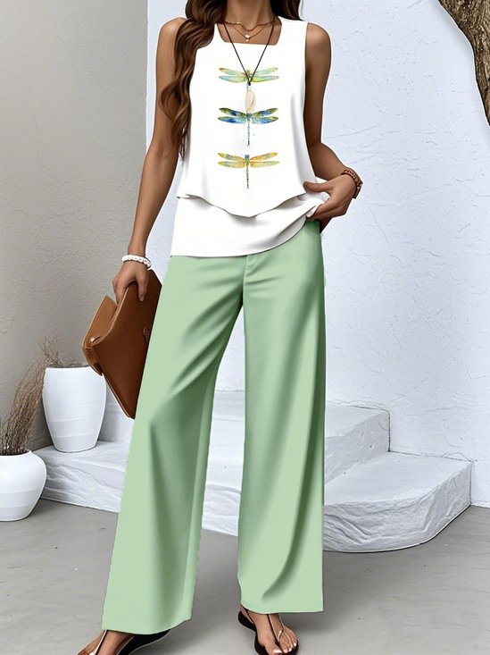 Regular Fit Crew Neck Dragonfly Casual Two-Piece Set