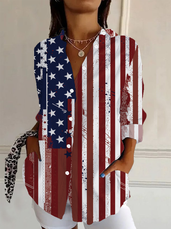 Women's Long Sleeve Shirt Spring/Fall As Picture Independence Day (Flag) Buckle Shirt Collar Daily Going Out Casual Top