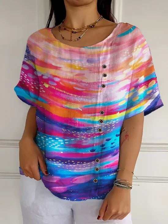 Cotton-Blend Gradient Pattern Crew Neck Casual T-Shirt