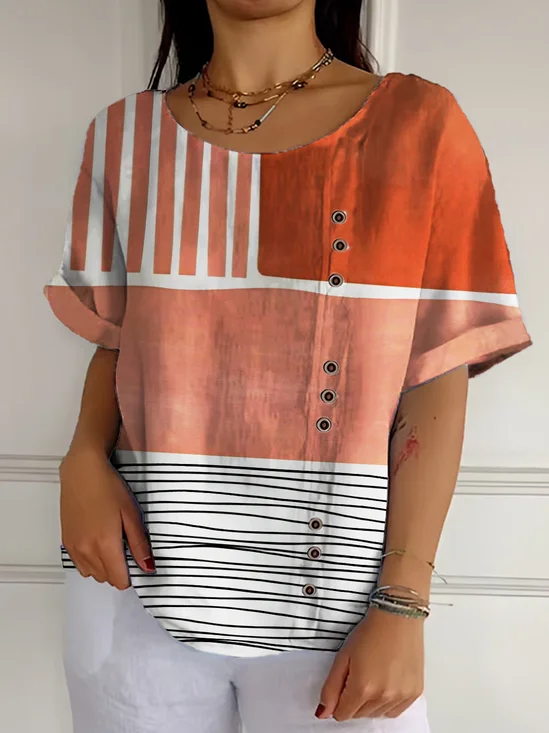 Cotton-Blend Multicolor Block Casual T-Shirt