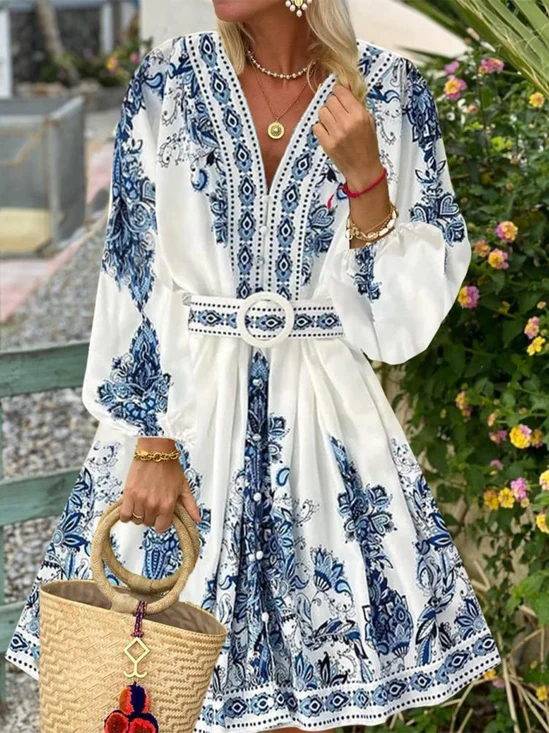 Vacation Floral V Neck Midi Dress With Belt