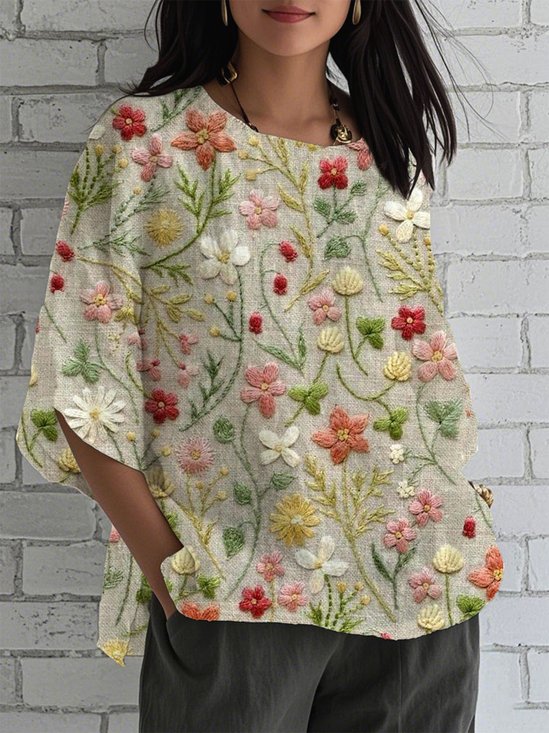 Crew Neck Loose Linen Blend Simple Shirt