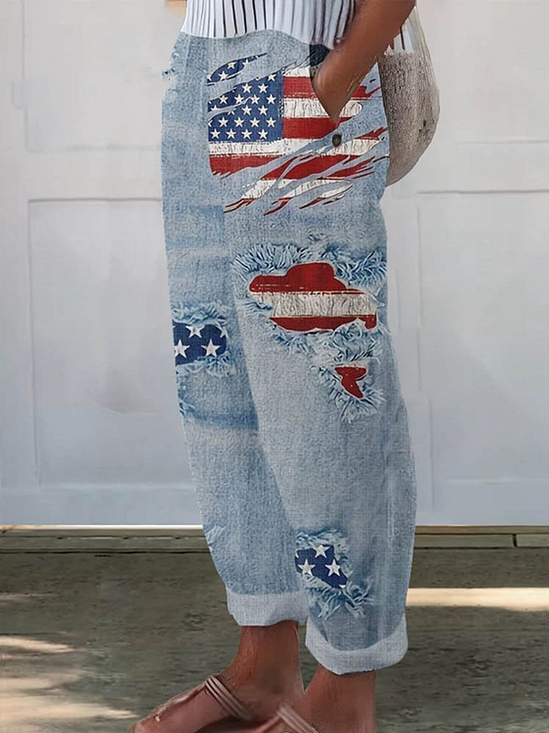 Women's  H-Line Straight Pants Daily Going Out Pants Blue Casual Printing America Flag Spring/Fall Pants