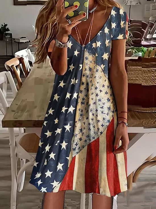 Women's Short Sleeve Summer As Picture Independence Day (Flag) Printing V Neck Daily Going Out Casual Midi A-Line Classic Dress