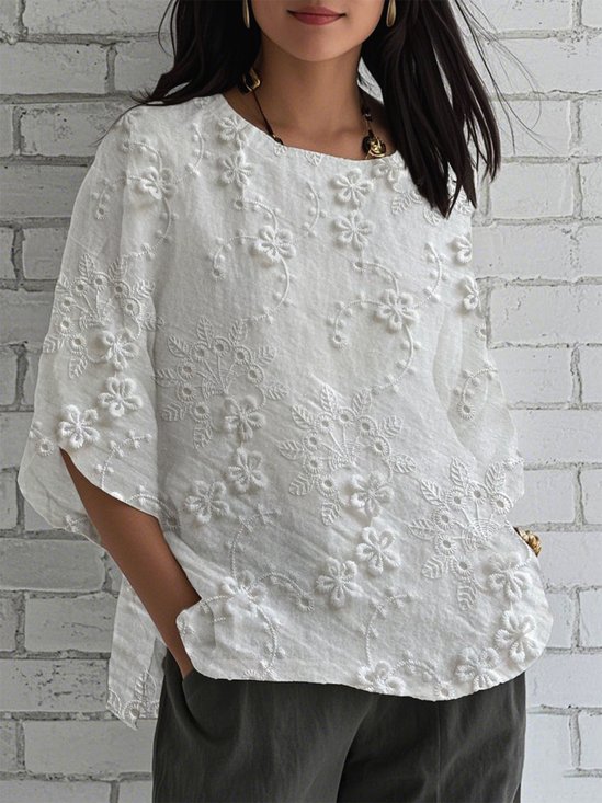 Simple Crew Neck Floral Loose Shirt