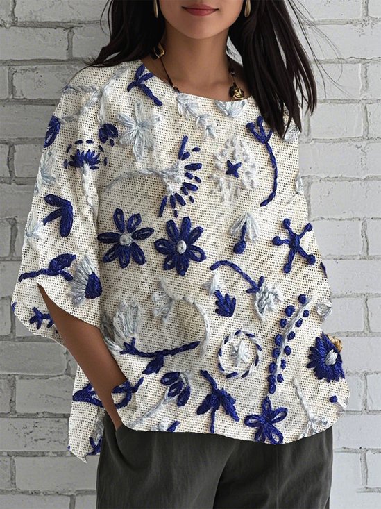 Loose Floral Crew Neck Casual Shirt