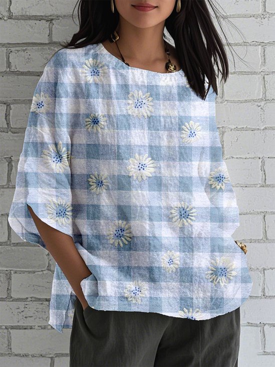 Linen Blend Crew Neck Casual Floral Shirt