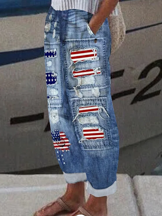 Women's  H-Line Straight Pants Daily Going Out Pants Blue Casual Printing Faux Denim Print Graphic Spring/Fall Pants