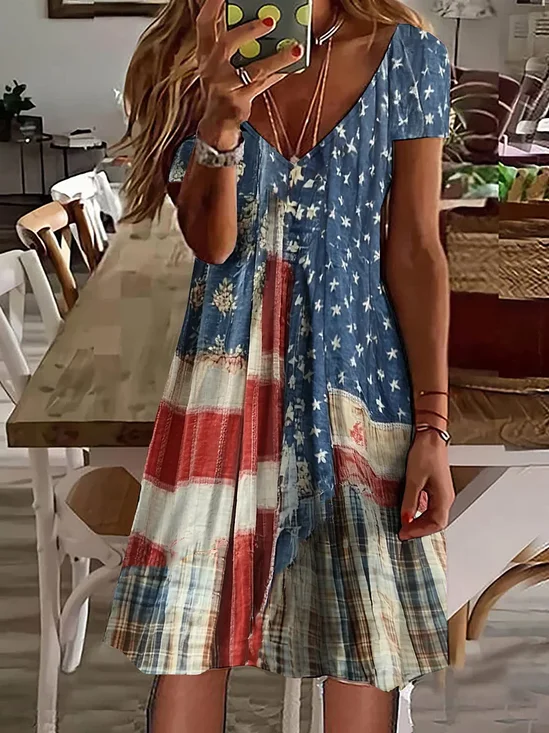 Women's Short Sleeve Summer As Picture Independence Day (Flag) Printing V Neck Daily Going Out Casual Midi A-Line Classic Dress