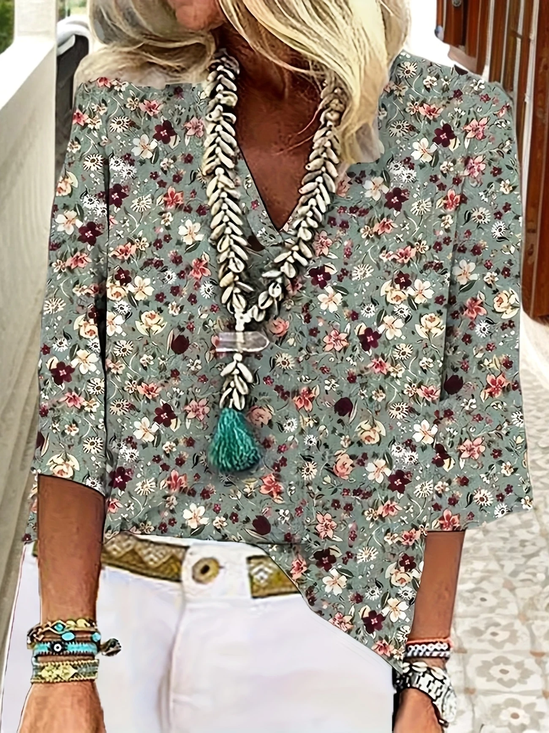Women's Three Quarter Sleeve Blouse Spring/Fall Green Floral Printing V Neck Daily Going Out Casual Top