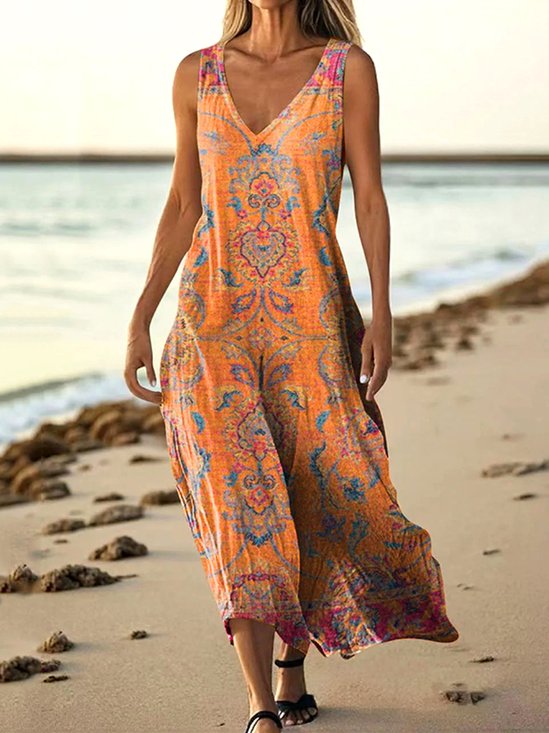 Boho V Neck Floral Dress With No