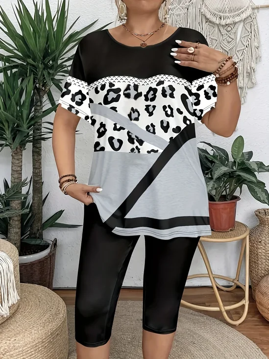 Women's Short Sleeve T-shirt Summer Gray Leopard Printing Jersey Crew Neck Daily Going Out Casual Top