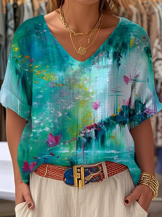 Vintage Gradient Pattern Cotton Crew Neck Blouse