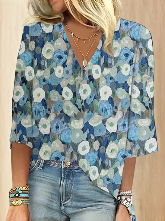 Women's Three Quarter Sleeve Blouse Spring/Fall Blue Floral Printing V Neck Daily Going Out Casual Top