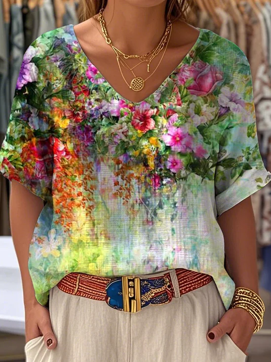 Loose Vintage Crew Neck Cotton Blouse