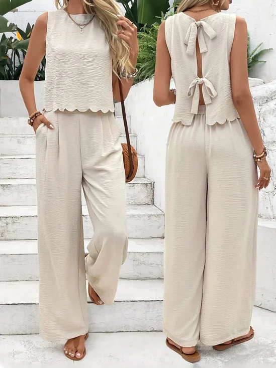 Plain Casual Crew Neck Two-Piece Set