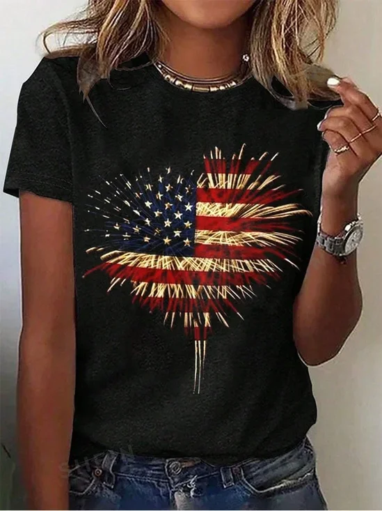 Women's Short Sleeve T-shirt Summer Black Independence Day (Flag) Printing Crew Neck Daily Going Out Casual Top