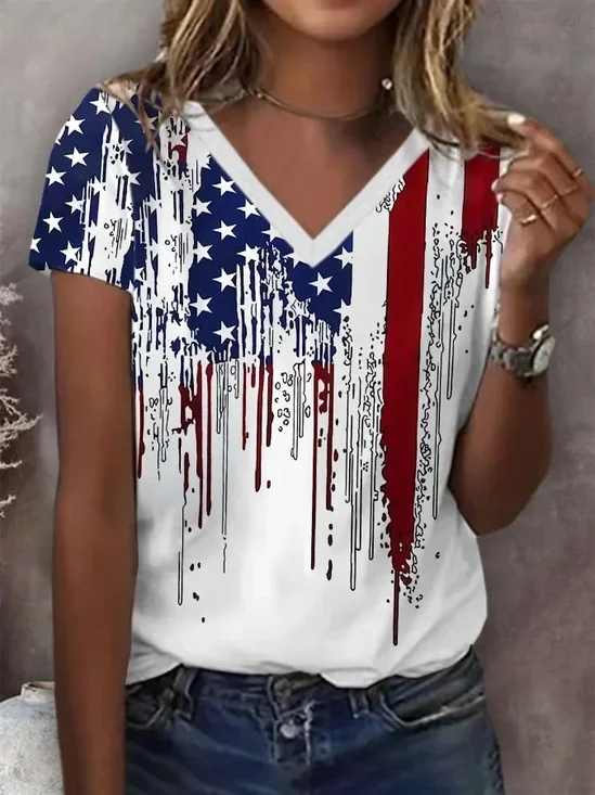Women's Short Sleeve T-shirt Summer White Independence Day (Flag) Printing V Neck Daily Going Out Casual Top