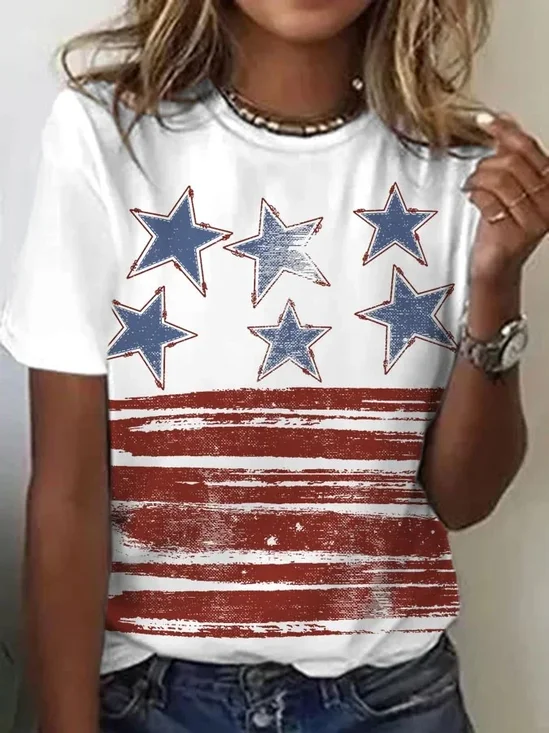 Women's Short Sleeve T-shirt Summer White Independence Day (Flag) Printing Crew Neck Daily Going Out Casual Top
