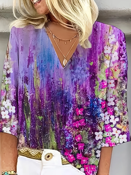 Women's Three Quarter Sleeve Blouse Spring/Fall Purple Floral Printing V Neck Daily Going Out Casual Top