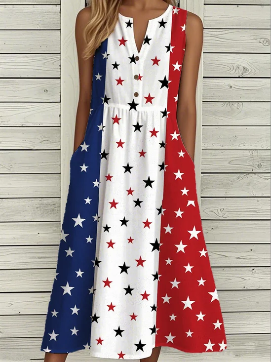 Loose Casual Notched Independence Day Dress