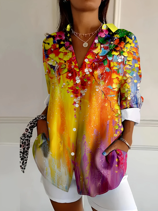 Women's Long Sleeve Shirt Spring/Fall Yellow Floral Buckle Shirt Collar Daily Going Out Casual Top
