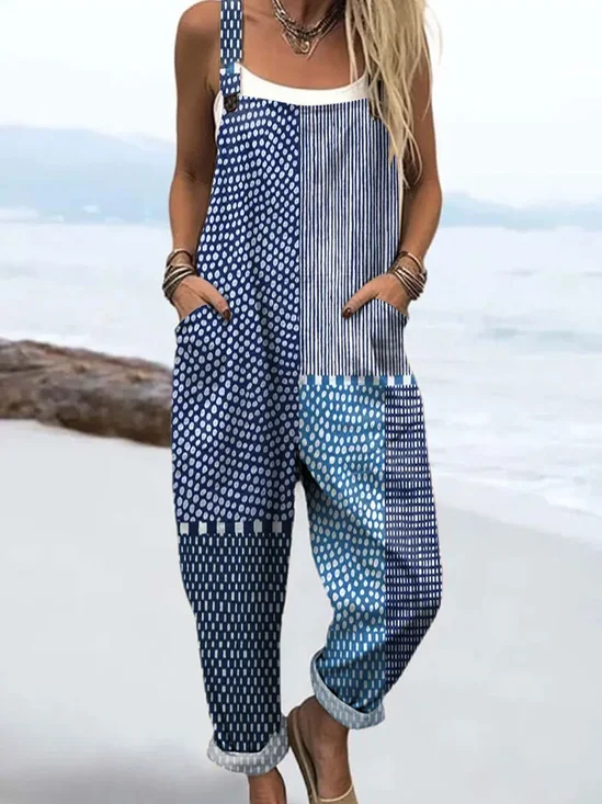 Women's H-Line Overall Square Neck Daily Going Out Casual Printing Striped Spring/Fall Long Jumpsuit Romper
